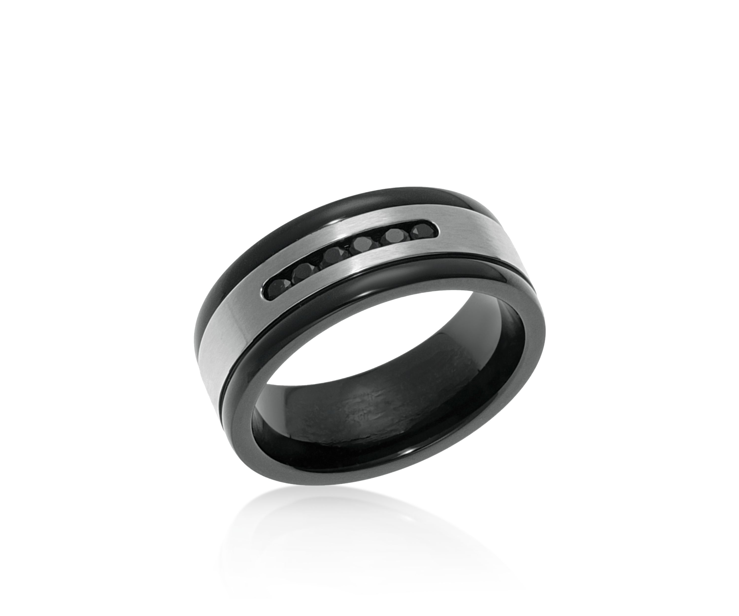 Mens Stainless Steel and Black Cubic Zirconia Ring