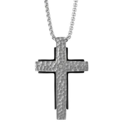 LYNX Men's Stainless Steel Diamond Accent Cross Pendant Necklace, 24 in