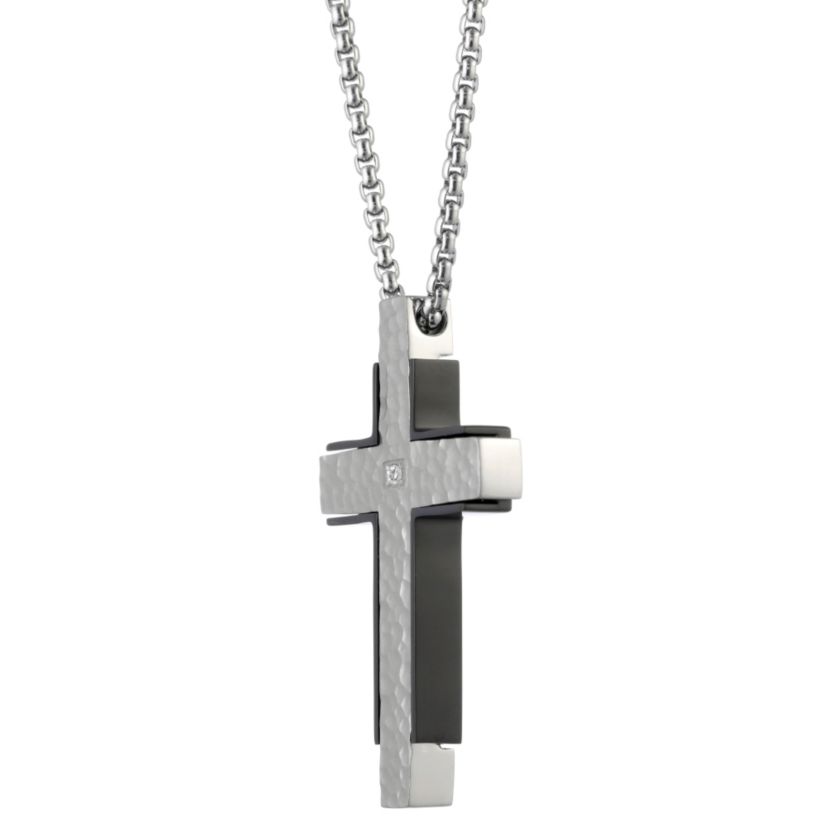 Stainless Steel Diamond Accent Cross Pendant Necklace