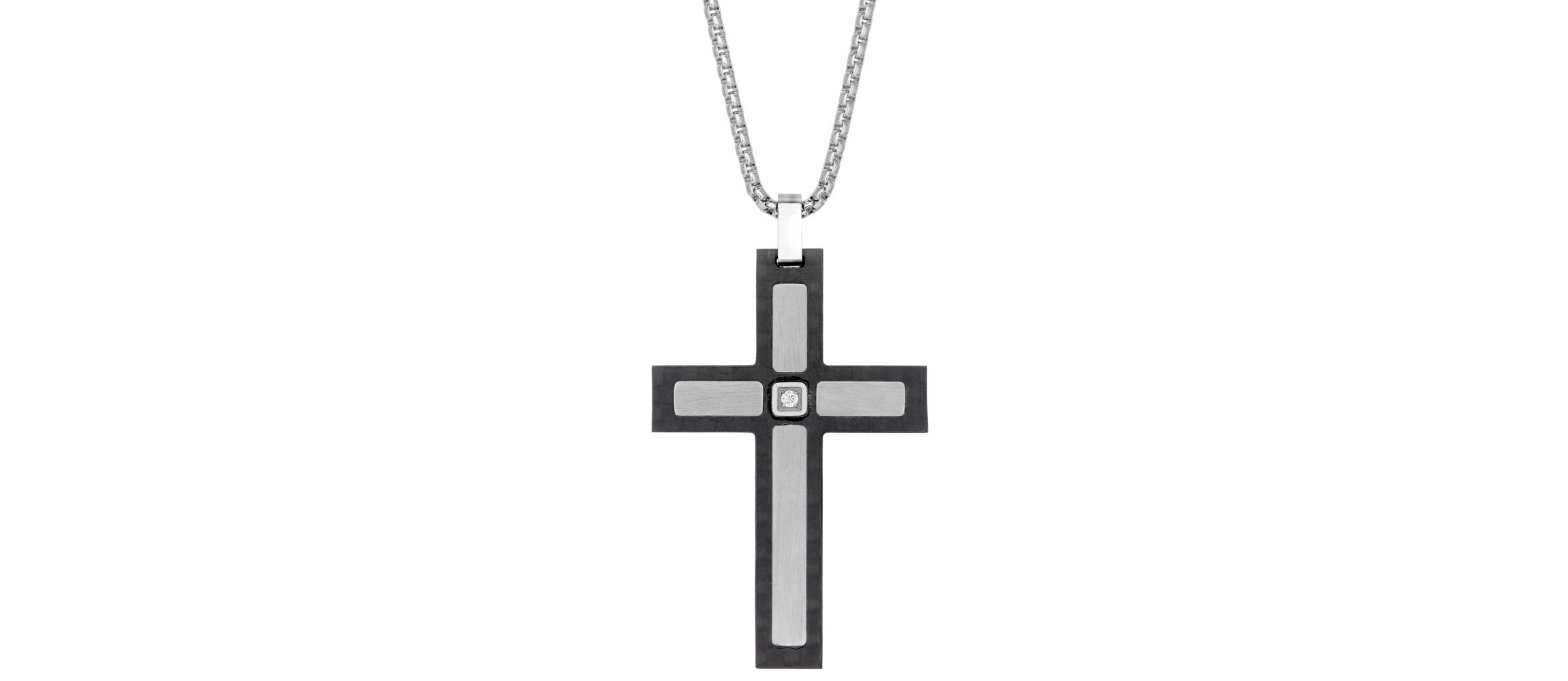 Stainless Steel Cubic Zirconia Two Tone Cross Pendant Necklace