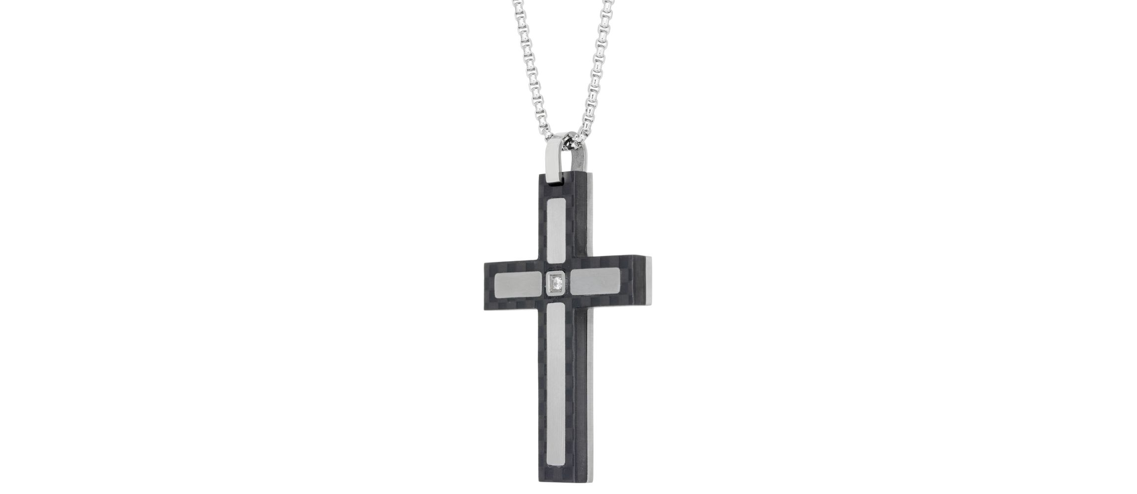 Stainless Steel Cubic Zirconia Two Tone Cross Pendant Necklace