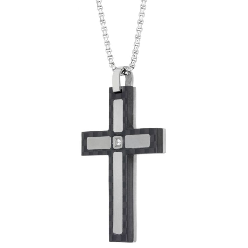Stainless Steel Cubic Zirconia Two Tone Cross Pendant Necklace