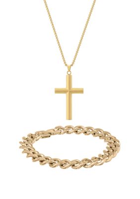Belk & Co Men's Stainless Steel Cross Pendant and 11 Millimeter Curb Chain Bracelet with Gold Tone Ion Plating in a Box Set, Black