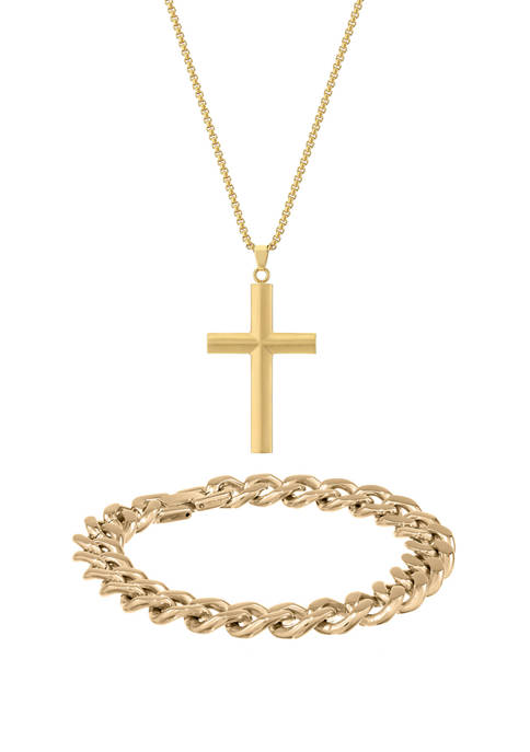 Stainless Steel Cross Pendant and 11 Millimeter Curb Chain Bracelet with Gold Tone Ion Plating in a Box Set