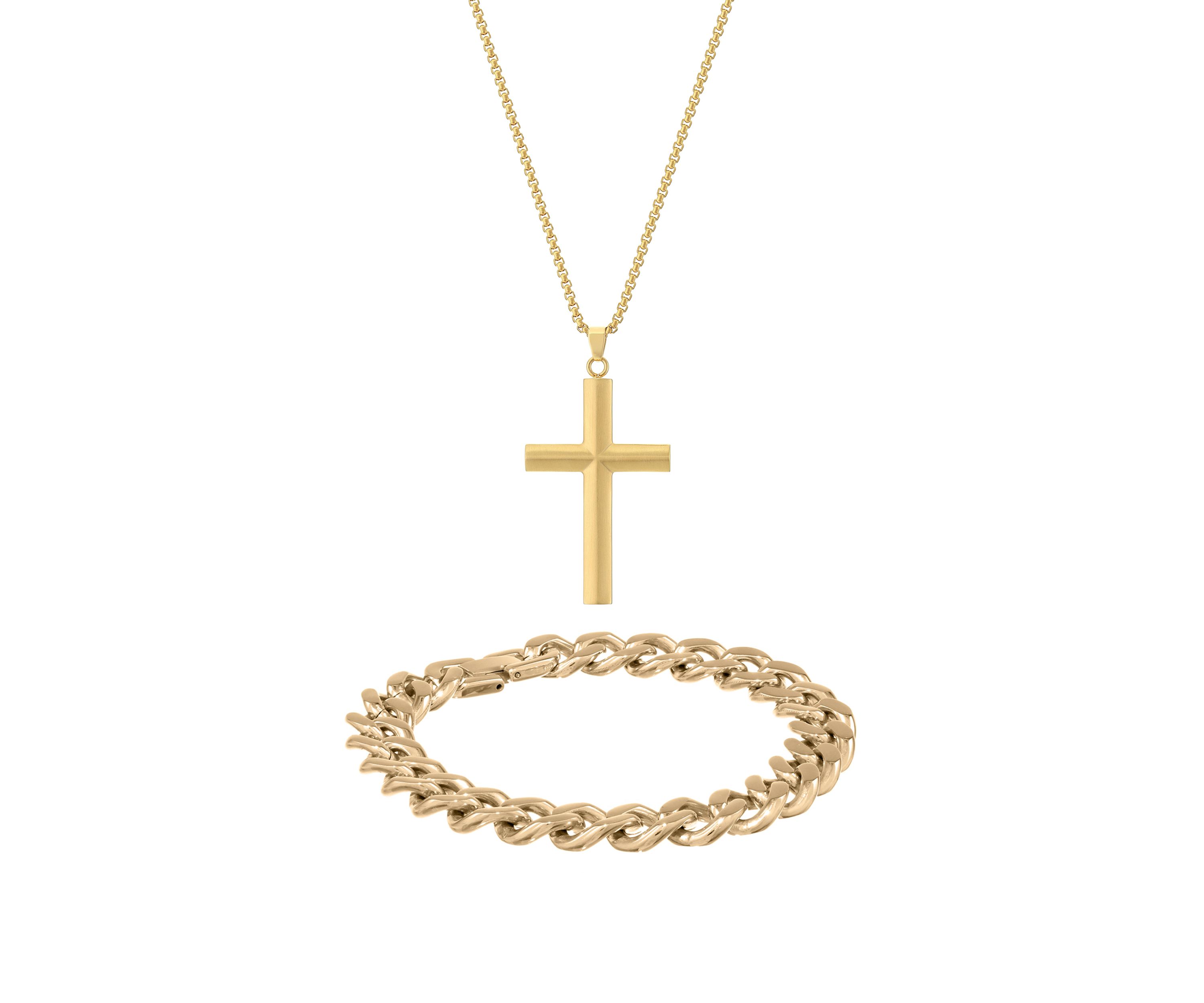 Stainless Steel Cross Pendant and 11 Millimeter Curb Chain Bracelet with Gold Tone Ion Plating in a Box Set