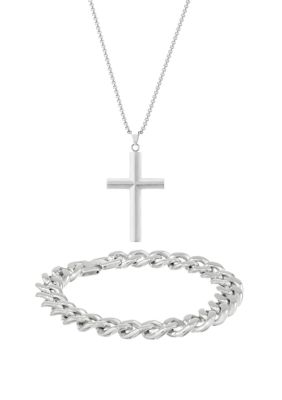 Belk & Co Men's Stainless Steel Cross Pendant and 11 Millimeter Curb Chain Bracelet in a Box Set, Silver