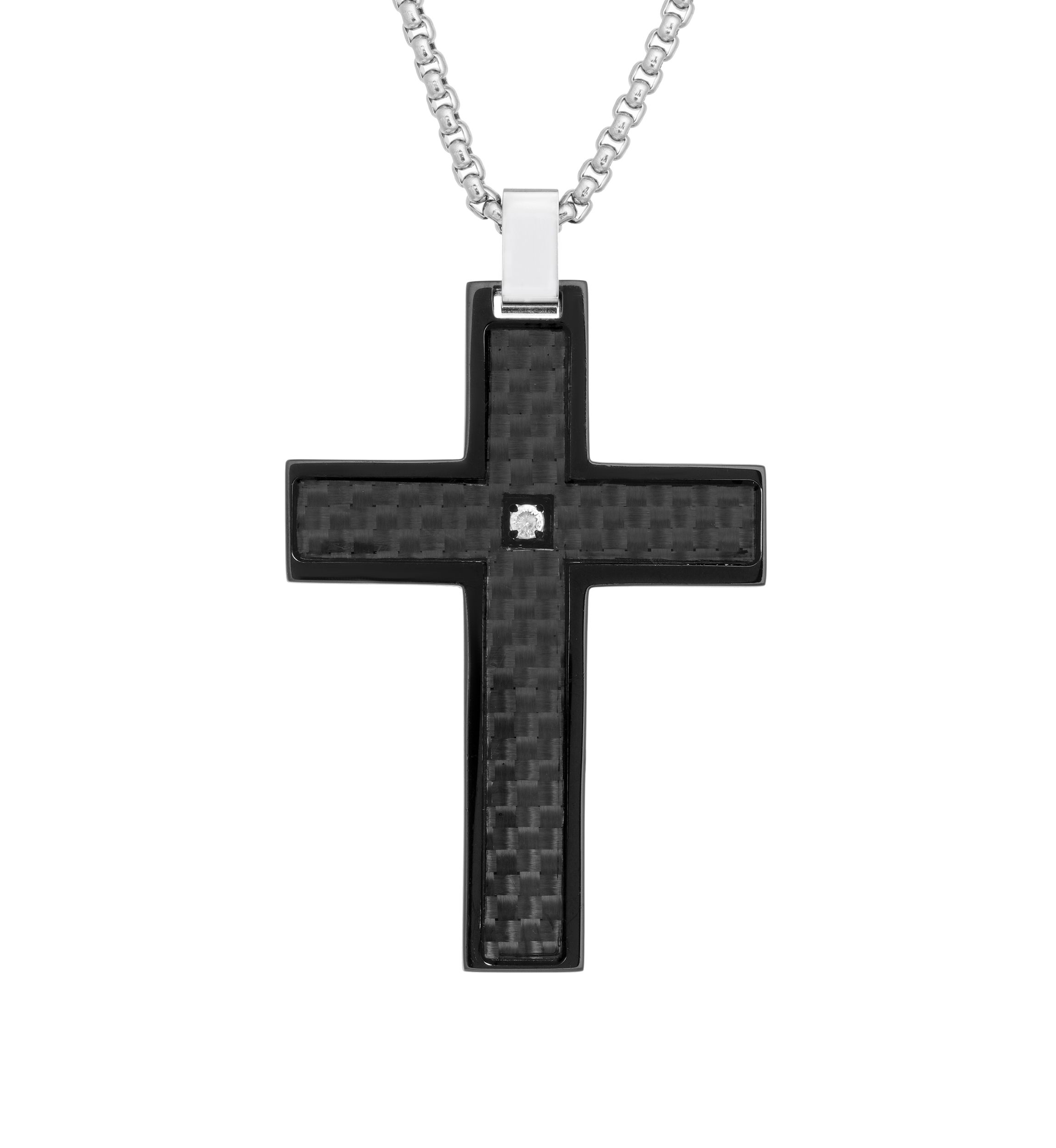 Stainless Cross Pendant with 1/2 ct. t.w. Diamond & Black Box