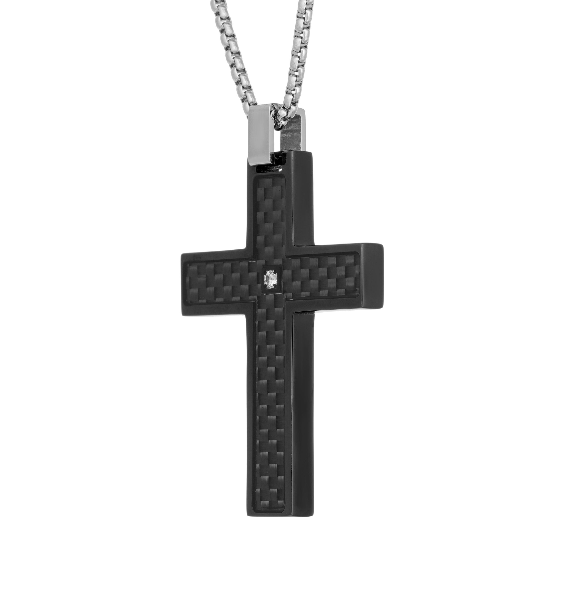 Stainless Cross Pendant with 1/2 ct. t.w. Diamond & Black Box
