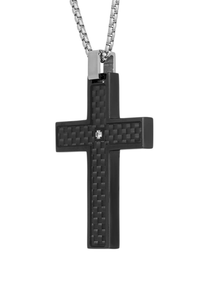 Stainless Cross Pendant with 1/2 ct. t.w. Diamond & Black Box