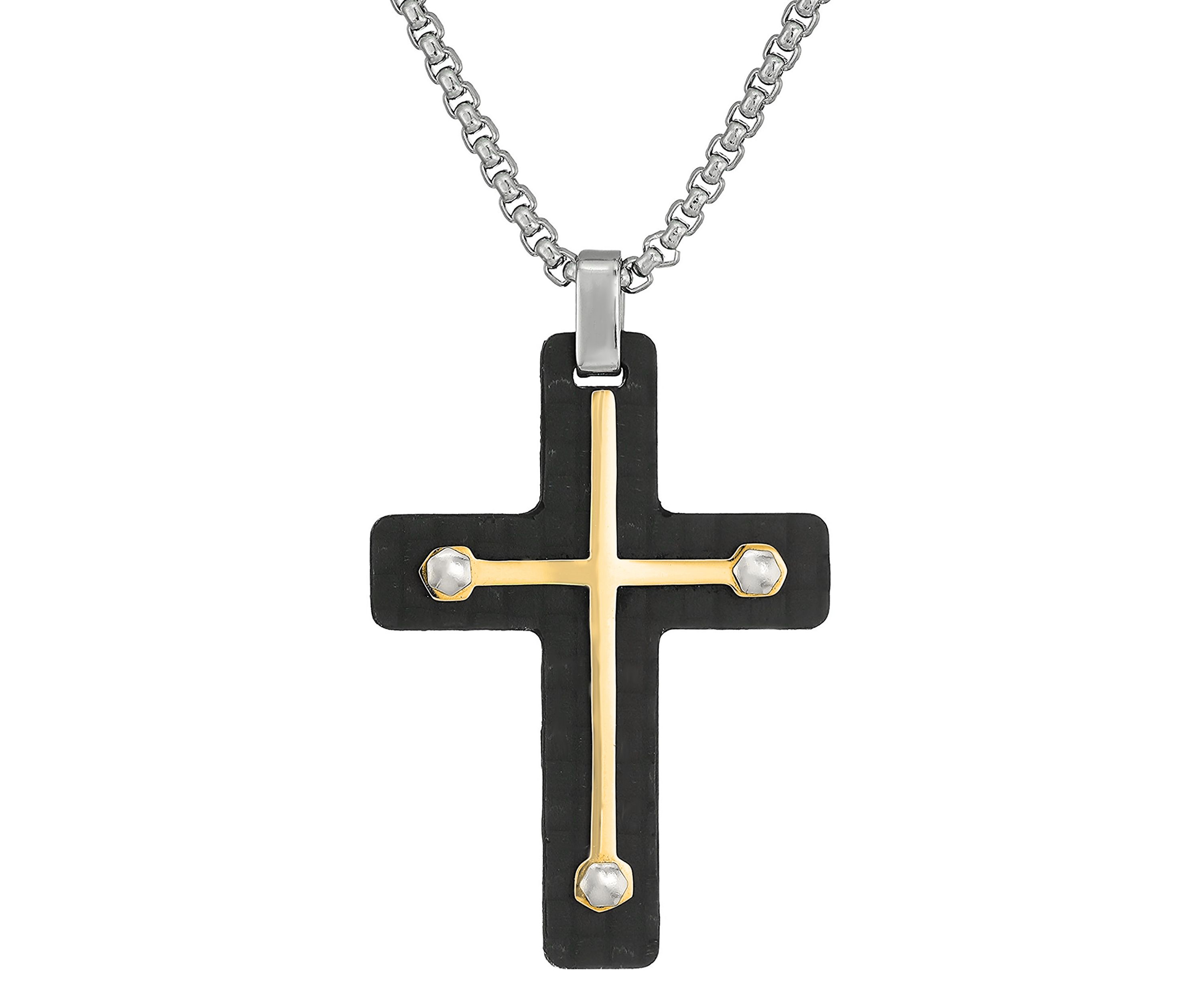 Stainless Steel Two Tone Carbon Fiber Cross Pendant Necklace