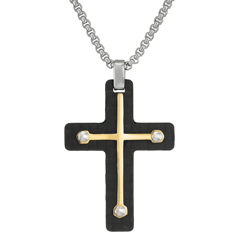 Stainless Steel Two Tone Carbon Fiber Cross Pendant Necklace