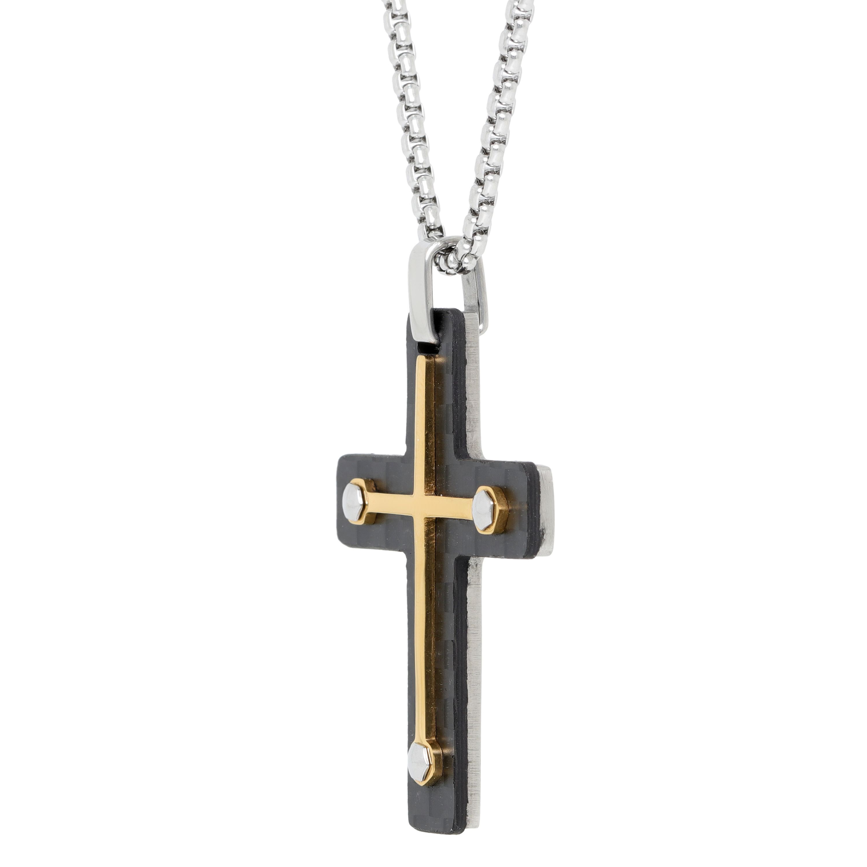 Stainless Steel Two Tone Carbon Fiber Cross Pendant Necklace
