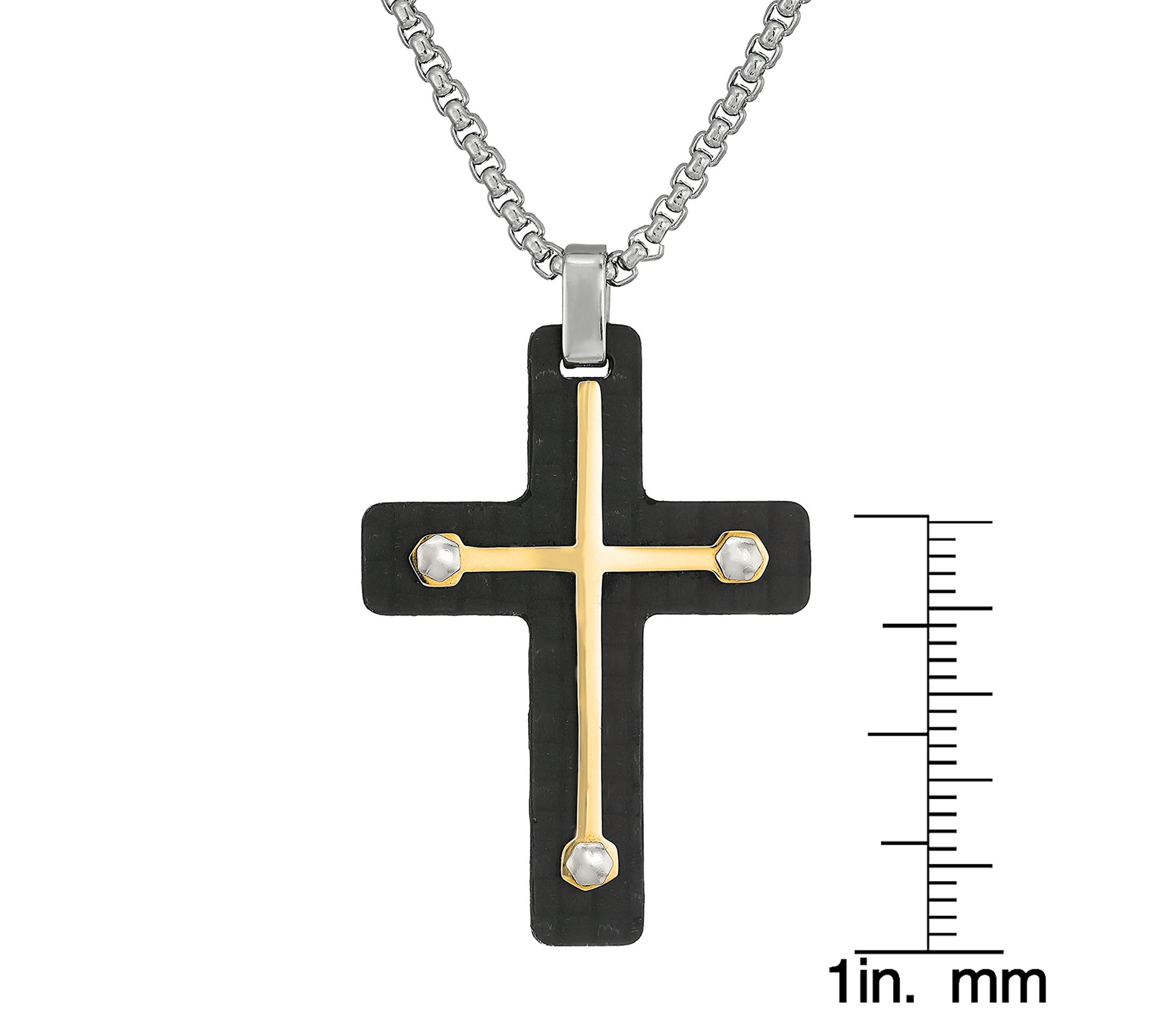 Stainless Steel Two Tone Carbon Fiber Cross Pendant Necklace