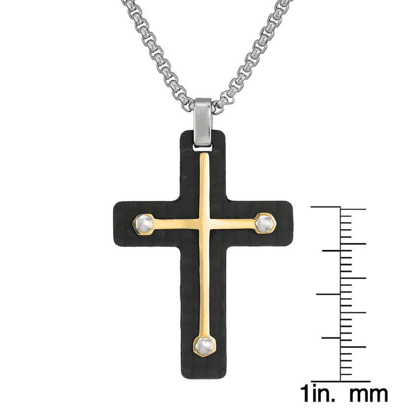 Stainless Steel Two Tone Carbon Fiber Cross Pendant Necklace