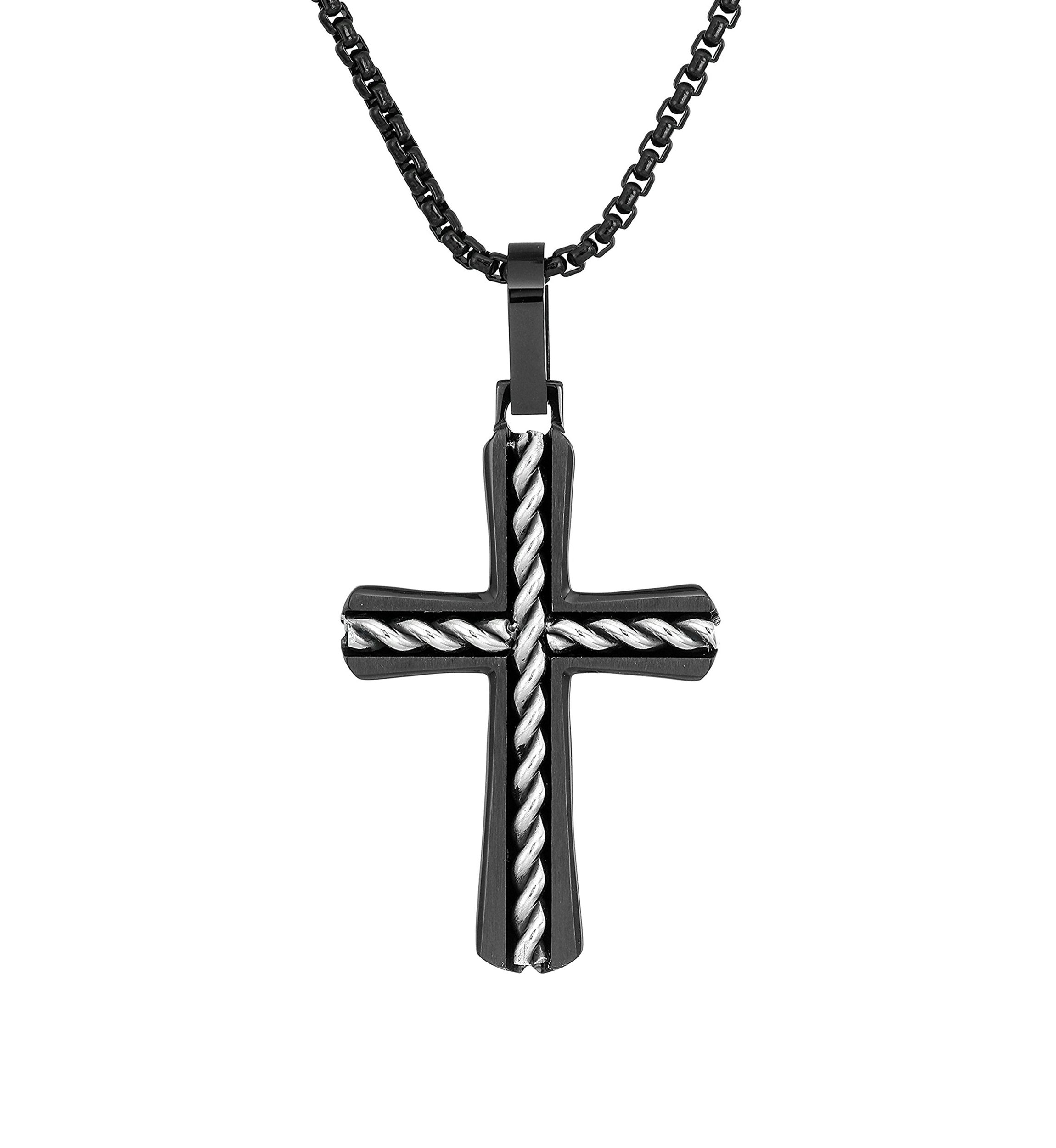 Stainless Steel Cross Pendant on 24 Inch Box Chain Necklace