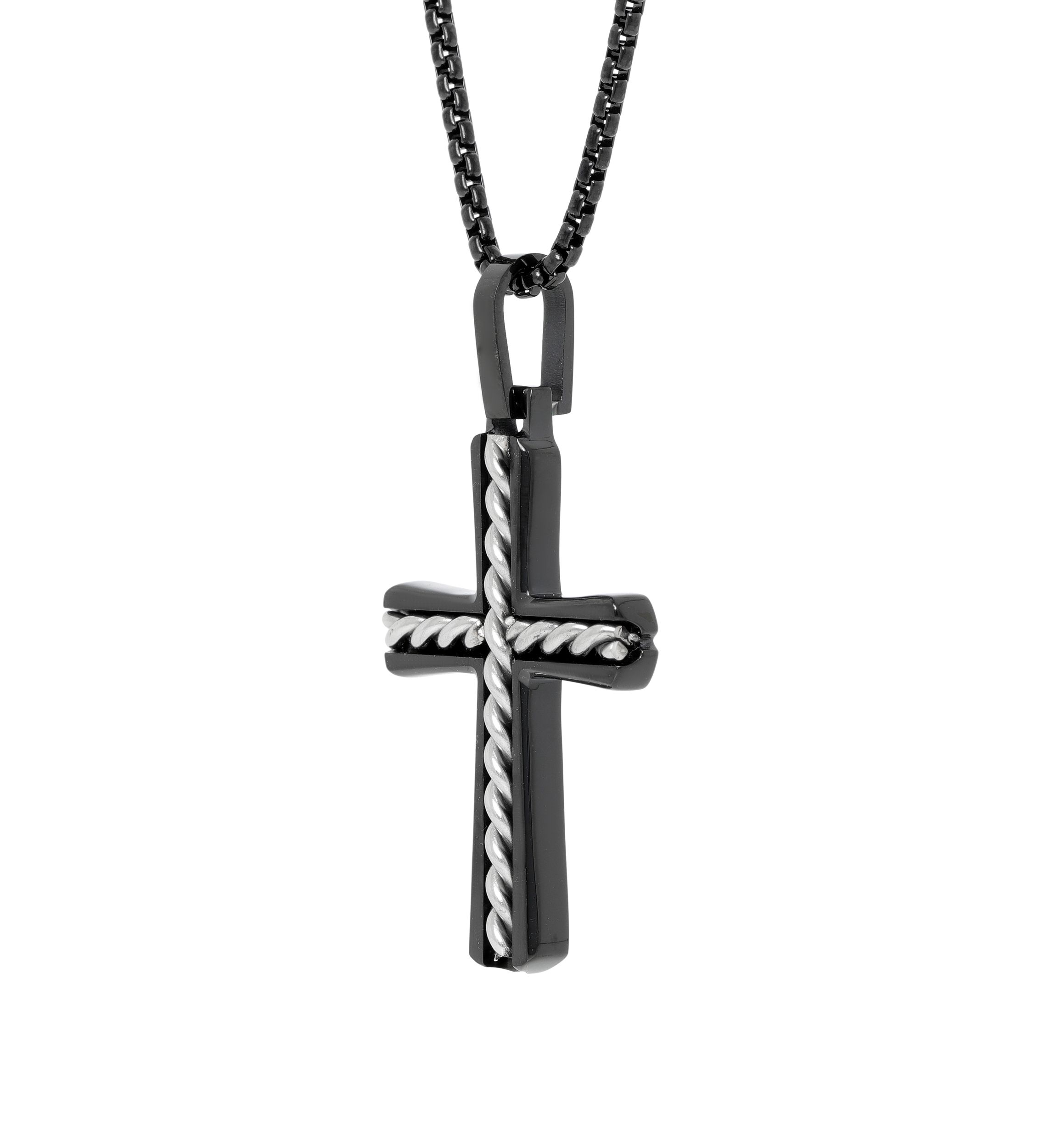 Stainless Steel Cross Pendant on 24 Inch Box Chain Necklace