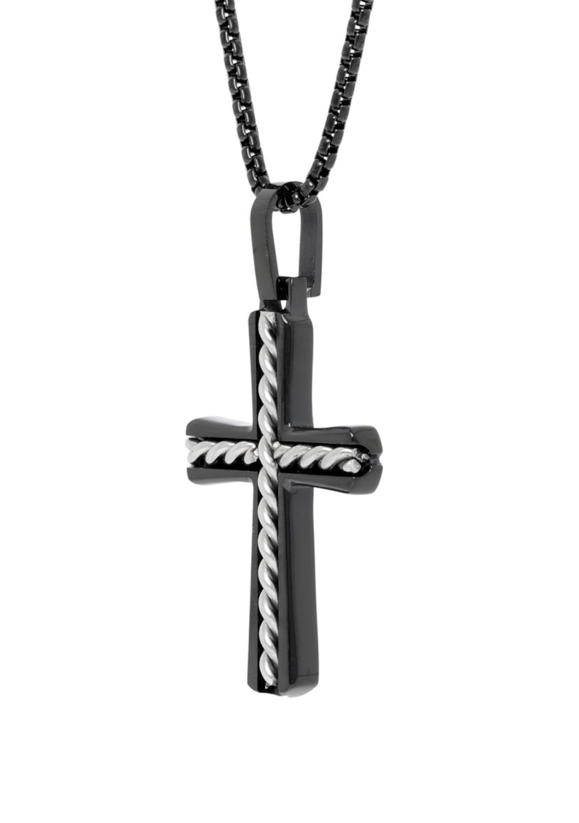 Stainless Steel Cross Pendant on 24 Inch Box Chain Necklace
