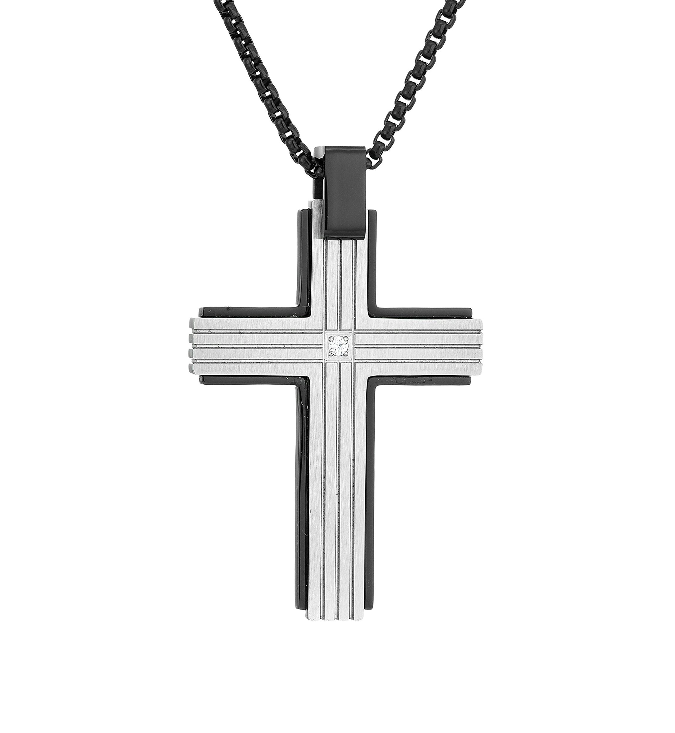 1/10 ct. t.w. Cubic Zirconia Stainless Steel Cross Pendant with 24 Inch Round BIP Chain