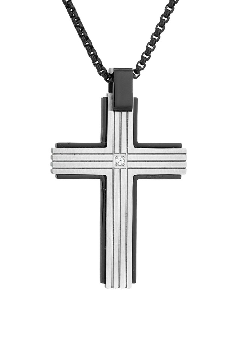 1/10 ct. t.w. Cubic Zirconia Stainless Steel Cross Pendant with 24 Inch Round BIP Chain