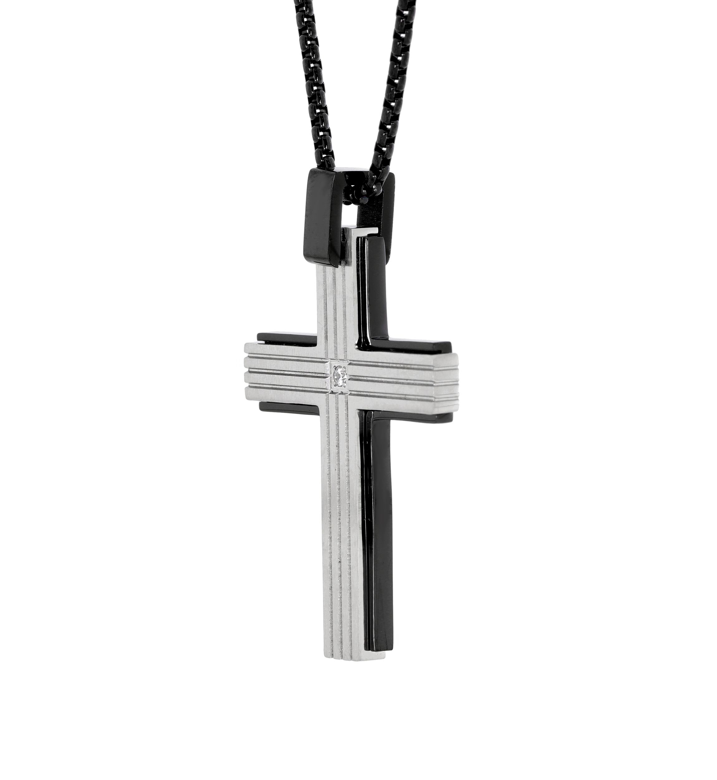 1/10 ct. t.w. Cubic Zirconia Stainless Steel Cross Pendant with 24 Inch Round BIP Chain