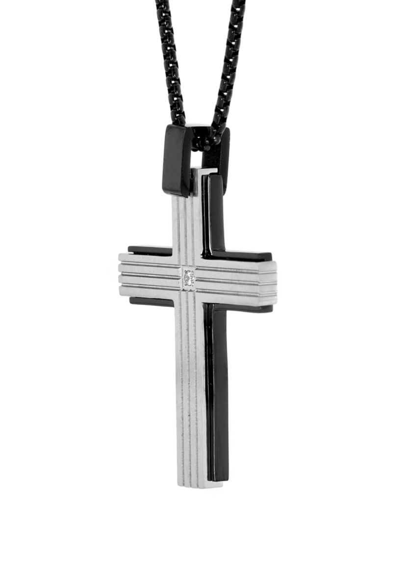 1/10 ct. t.w. Cubic Zirconia Stainless Steel Cross Pendant with 24 Inch Round BIP Chain