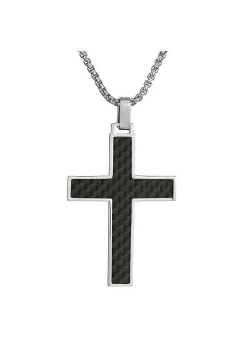 Stainless Steel Carbon Reversible Cross Pendant with 24 Inch Round Box Necklace