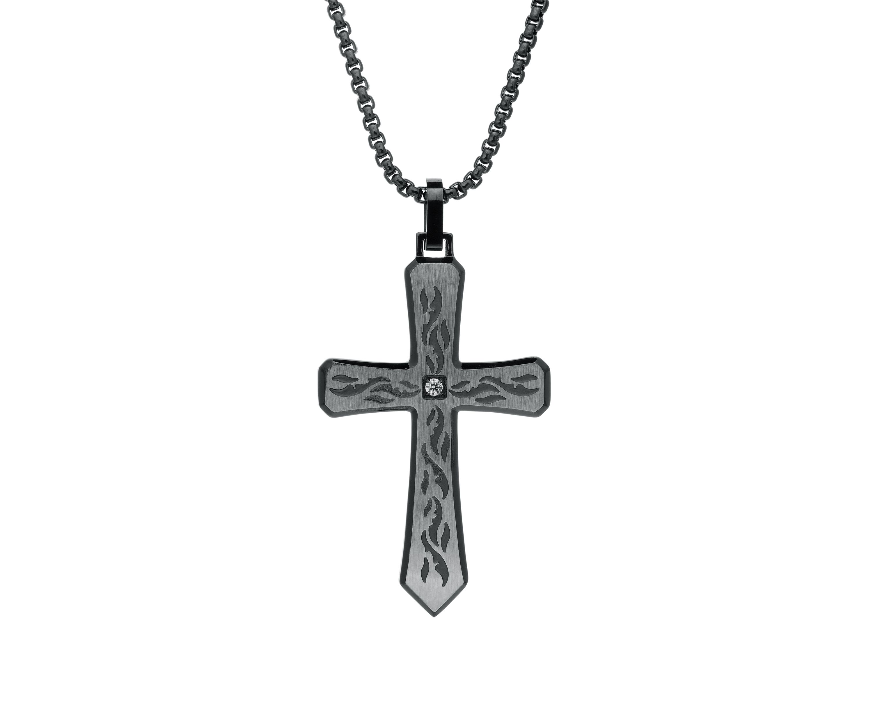 1/10 ct. t.w. Cubic Zirconia Stainless Etched Cross Pendant with BIP and 24 Inch BIP Round Box Chain