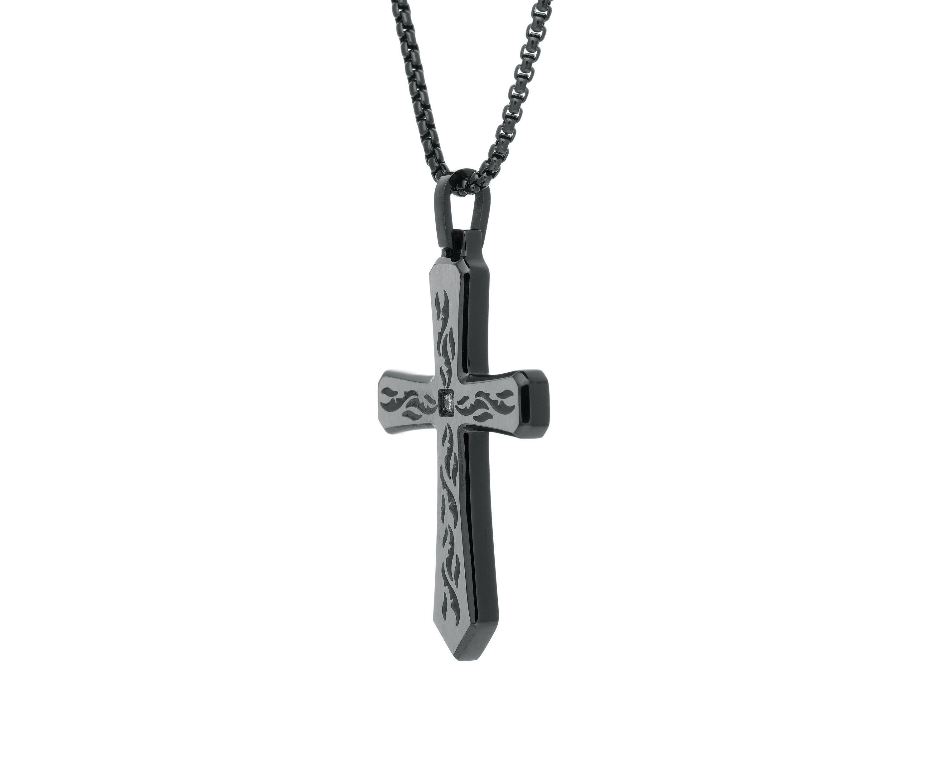 1/10 ct. t.w. Cubic Zirconia Stainless Etched Cross Pendant with BIP and 24 Inch BIP Round Box Chain