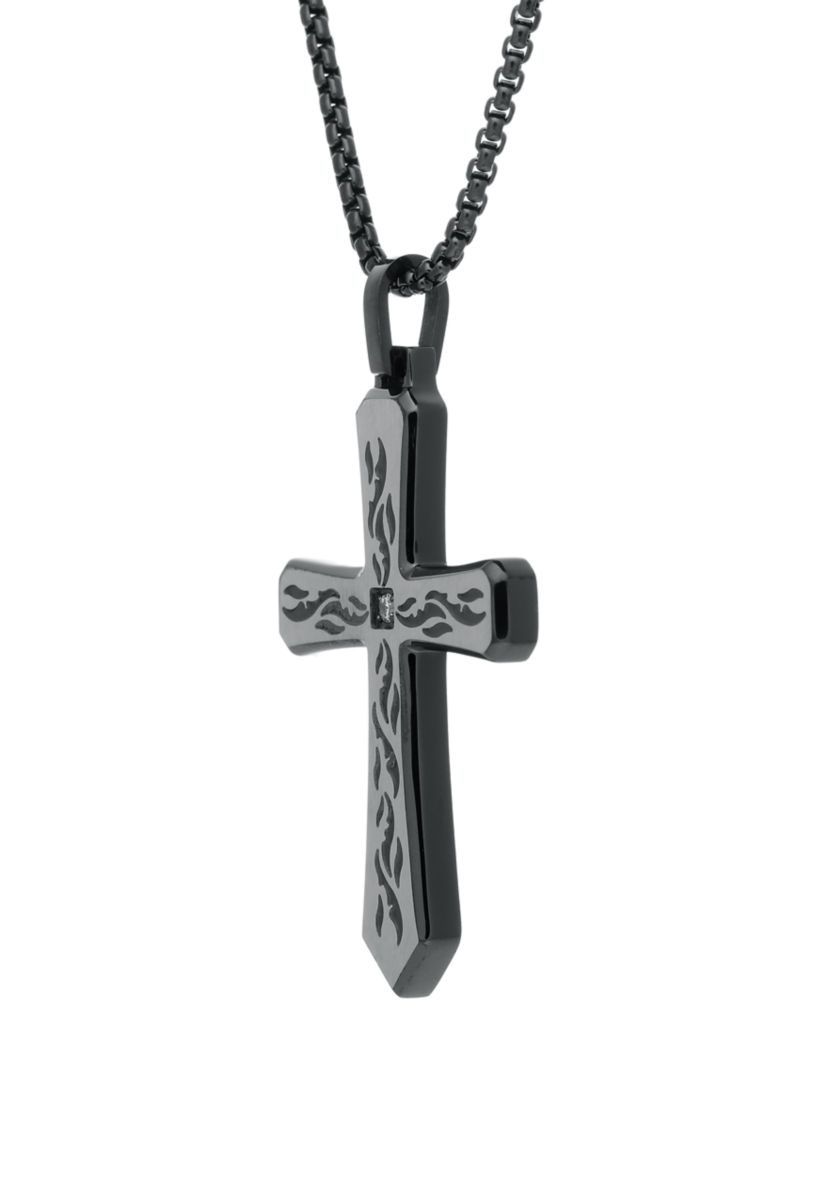 1/10 ct. t.w. Cubic Zirconia Stainless Etched Cross Pendant with BIP and 24 Inch BIP Round Box Chain