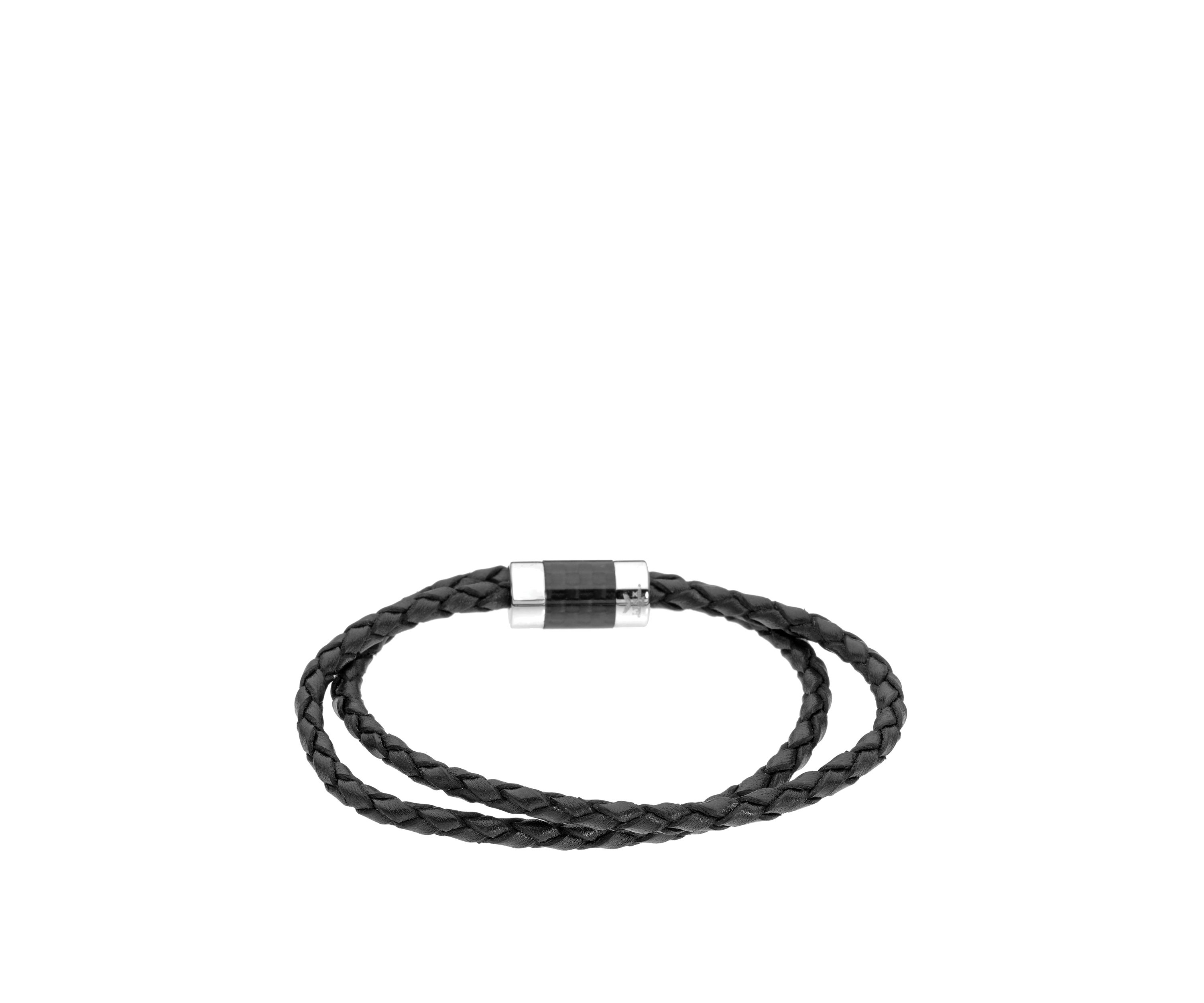 Stainless Black Leather and Carbon Bracelet with Magnetic Clasp