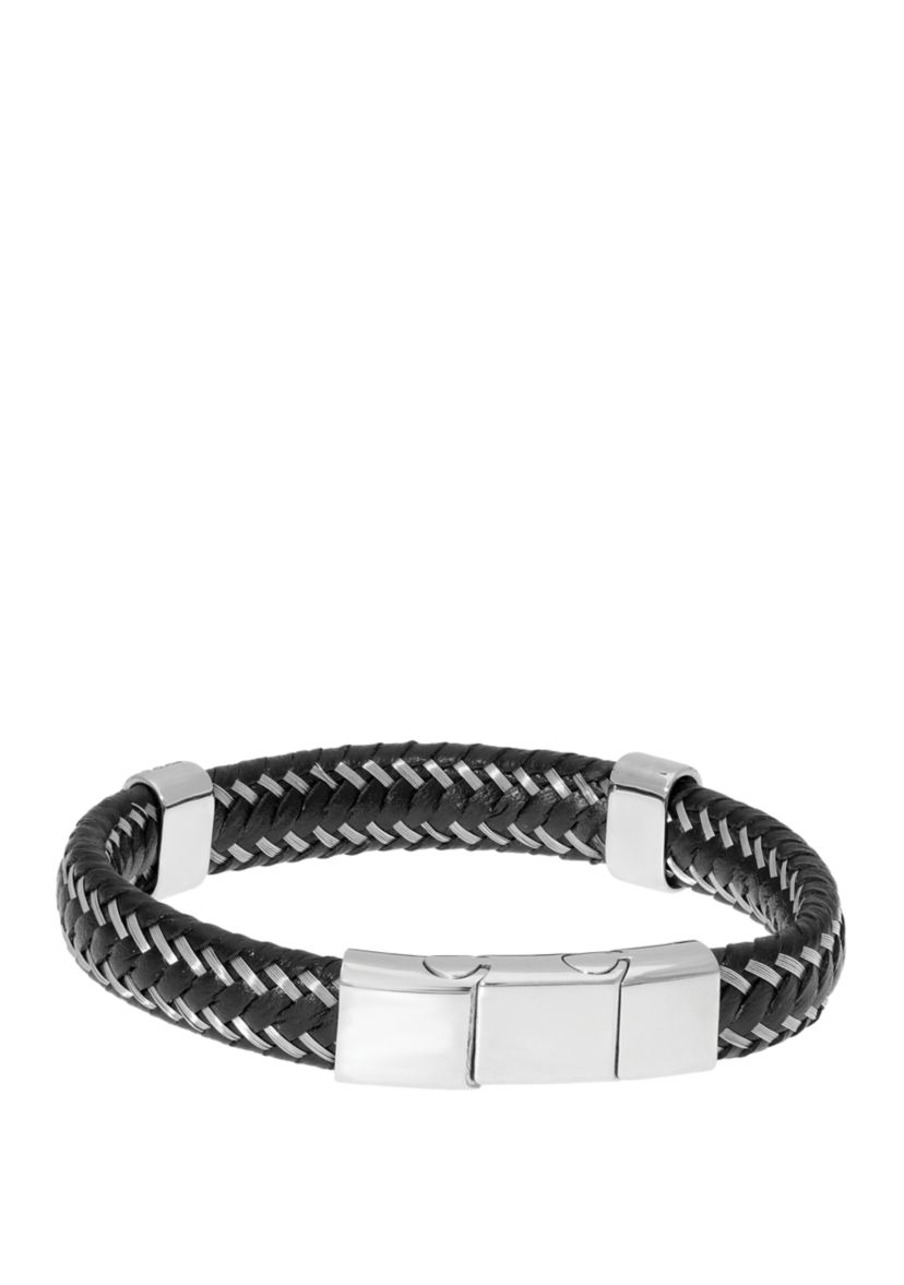 Stainless Steel and Black Leather Bracelet with Magnetic Extender Closure 