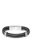 Stainless Steel and Black Leather Bracelet with Magnetic Extender Closure 