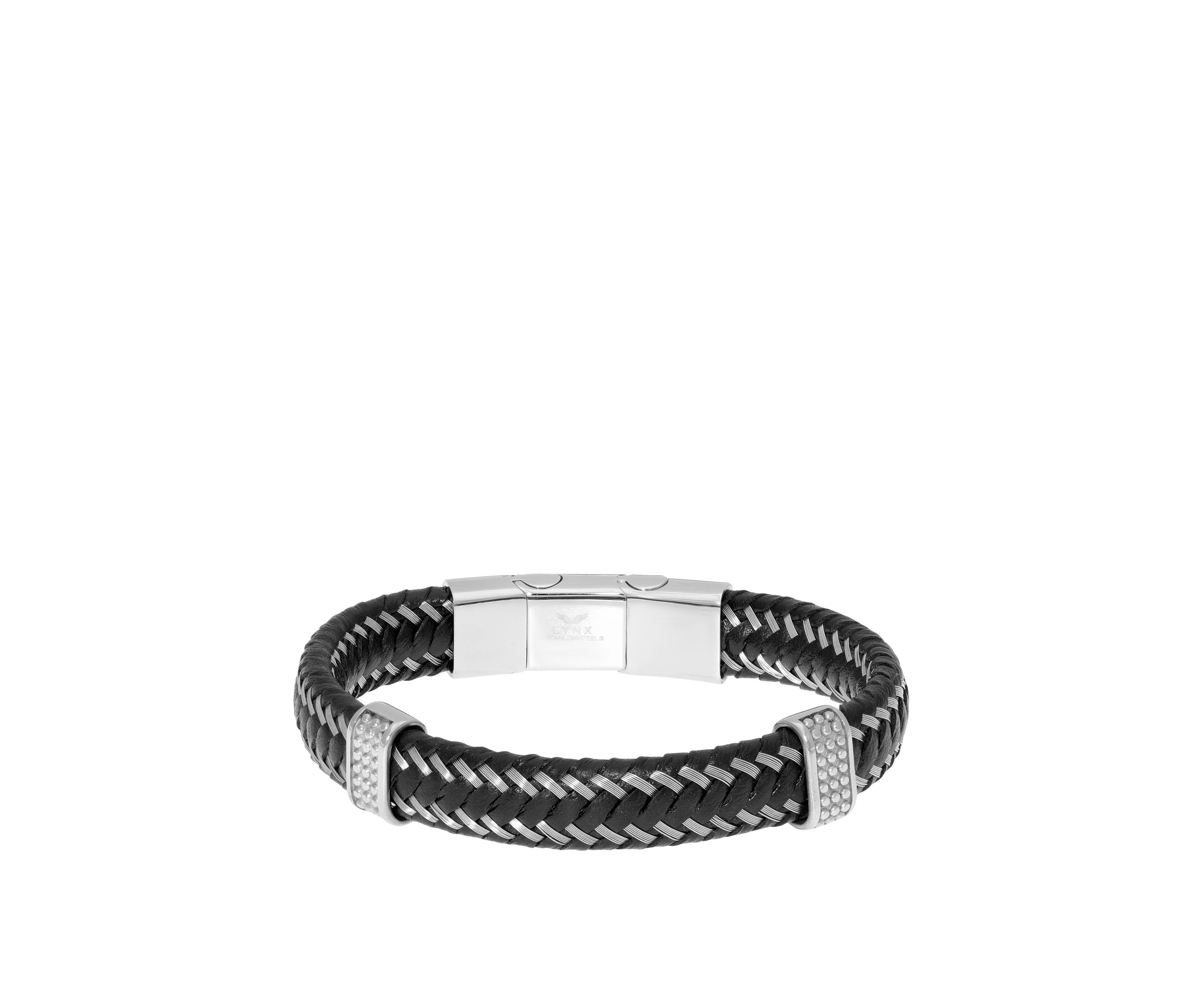 Stainless Steel and Black Leather Bracelet with Magnetic Extender Closure 