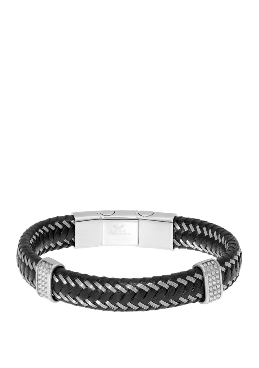 Stainless Steel and Black Leather Bracelet with Magnetic Extender Closure 
