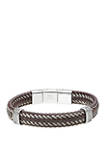 Stainless Steel and Brown Leather Bracelet with Magnetic Extender Closure
