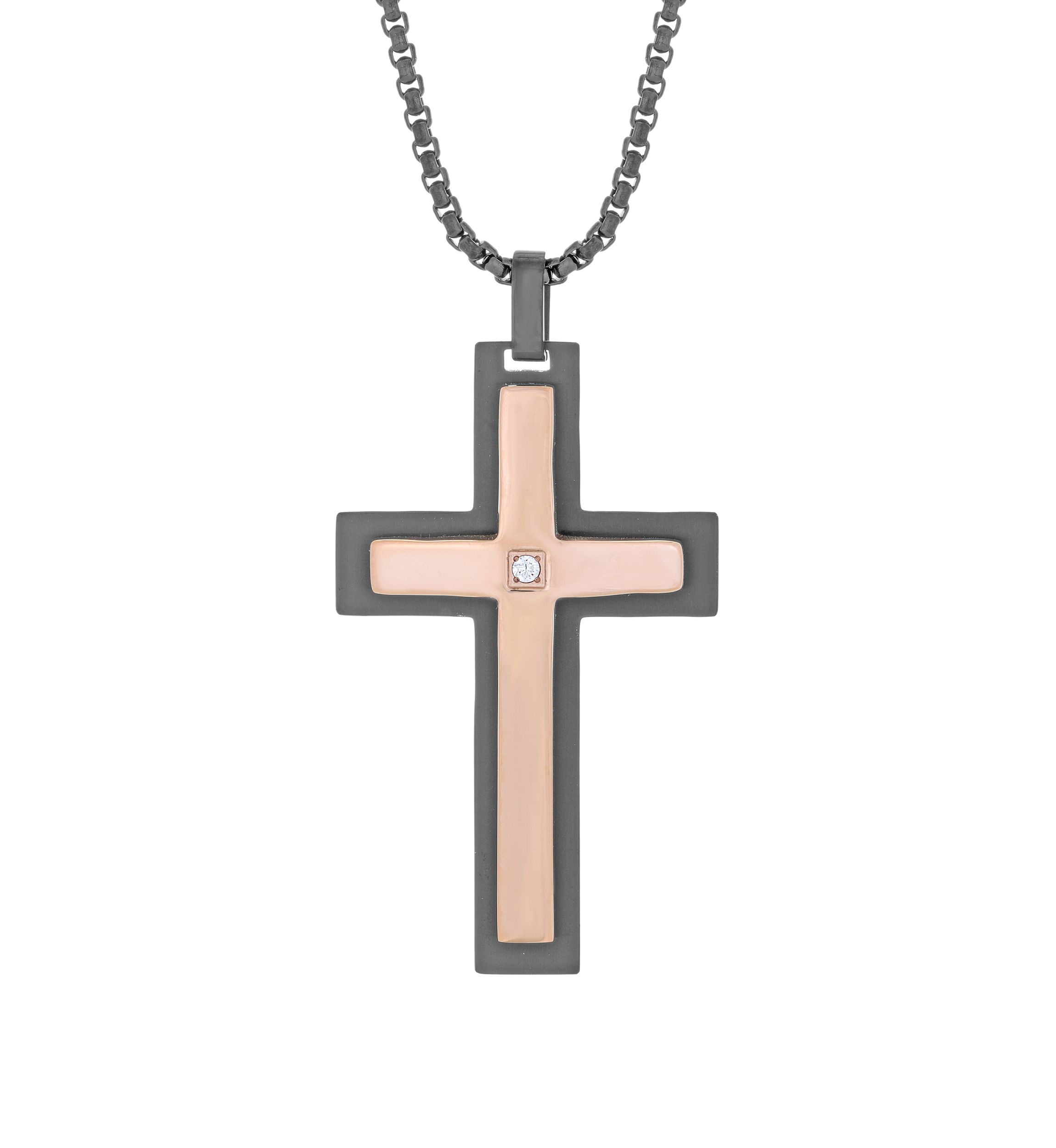 Stainless Cubic Zirconia Cross Pendant on 24 Inch Box Chain