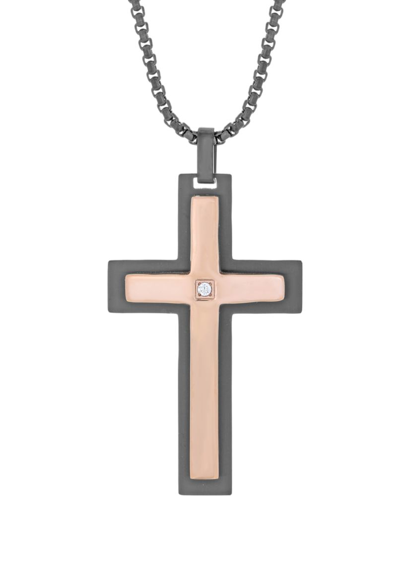 Stainless Cubic Zirconia Cross Pendant on 24 Inch Box Chain