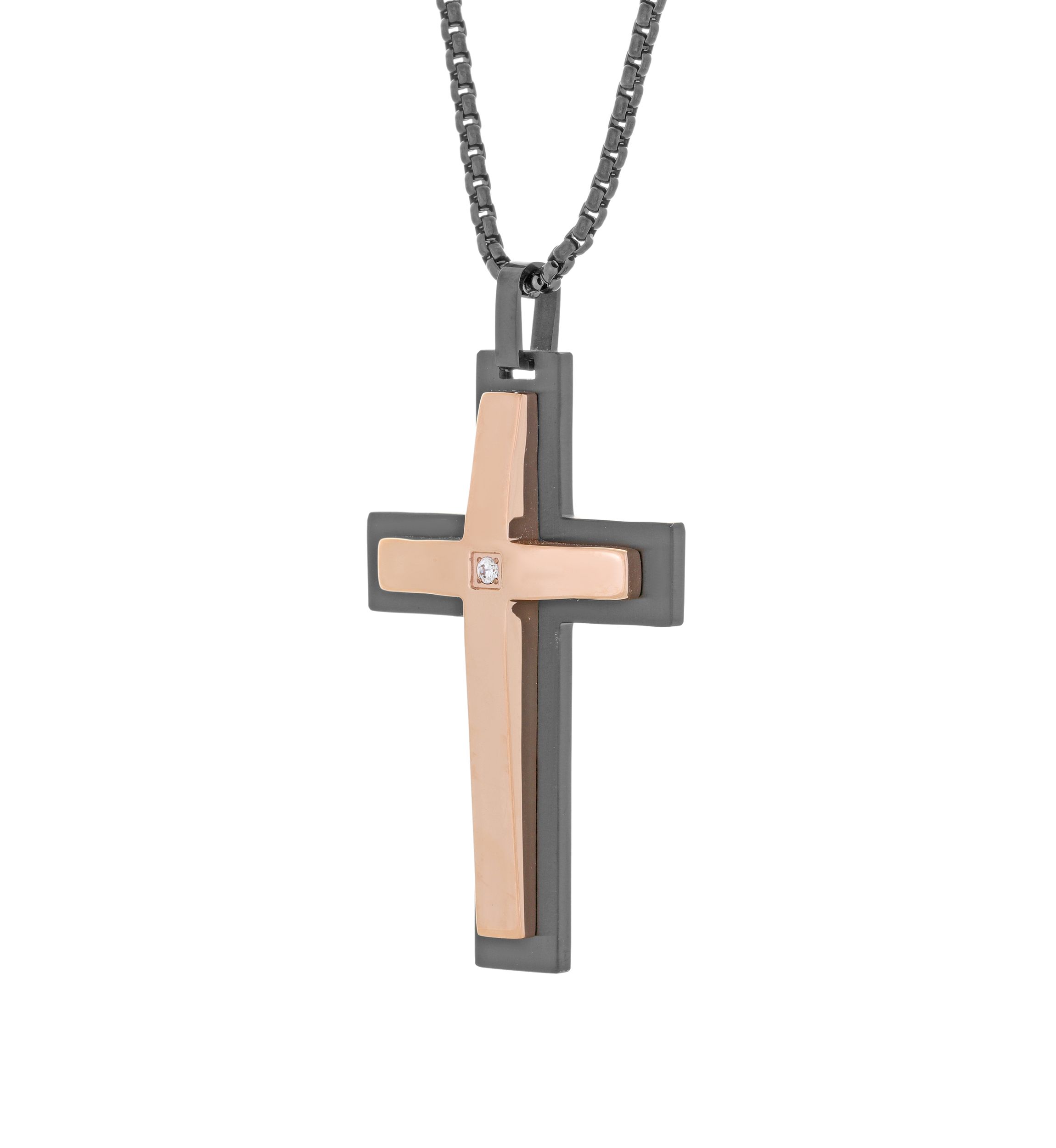 Stainless Cubic Zirconia Cross Pendant on 24 Inch Box Chain