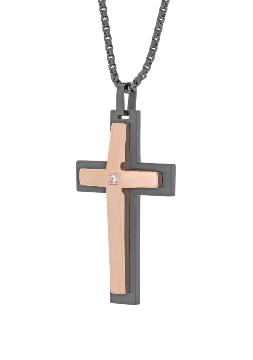 Stainless Cubic Zirconia Cross Pendant on 24 Inch Box Chain