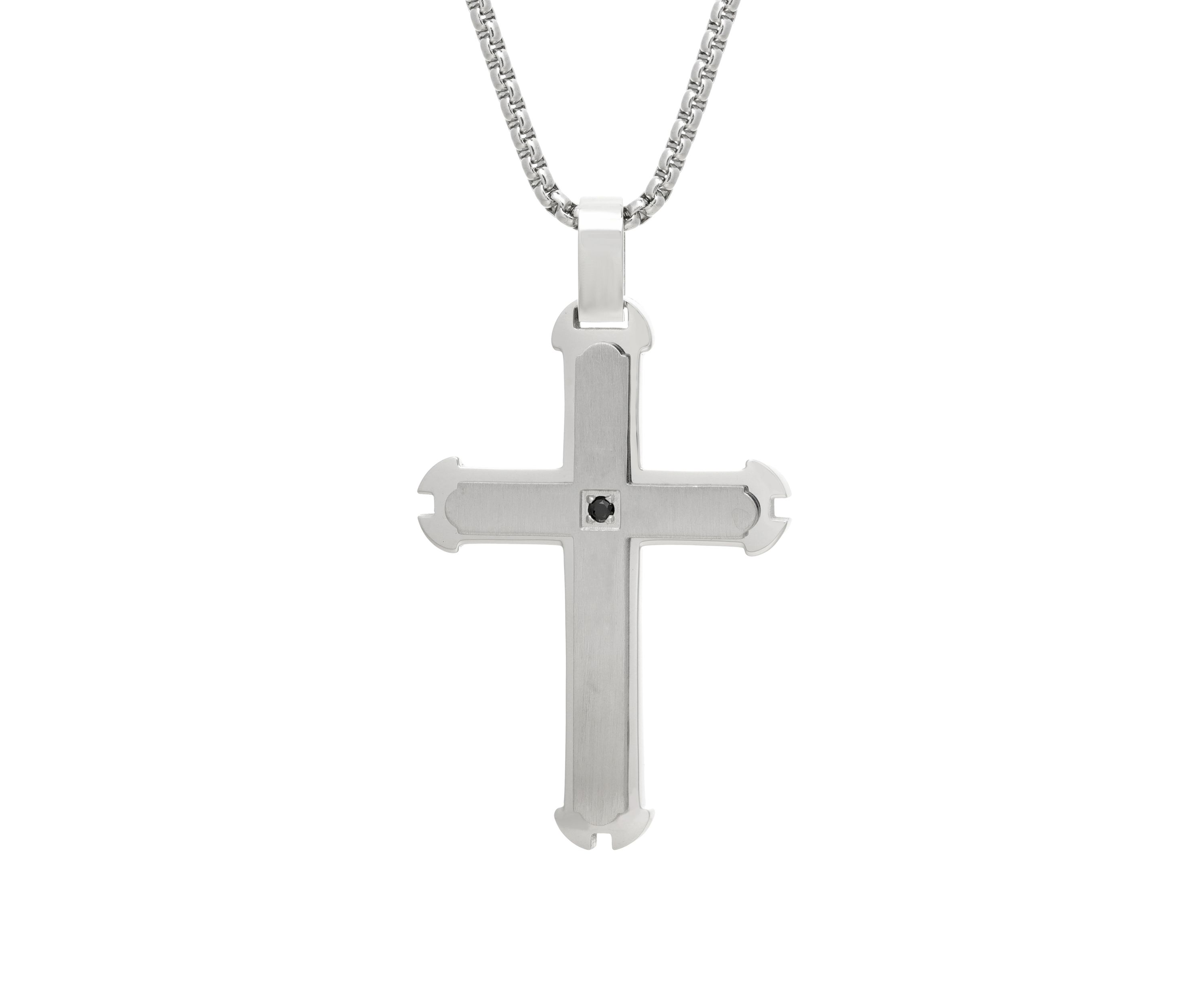 Stainless Steel Cross Pendant Necklace on 24 Inch Rhodium Box Chain