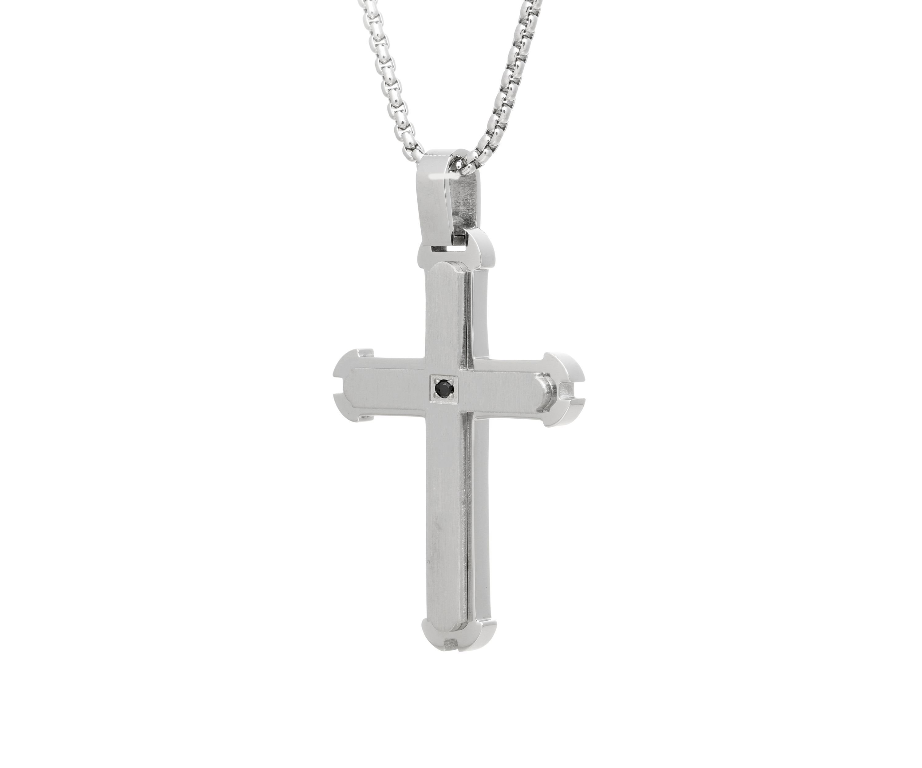 Stainless Steel Cross Pendant Necklace on 24 Inch Rhodium Box Chain