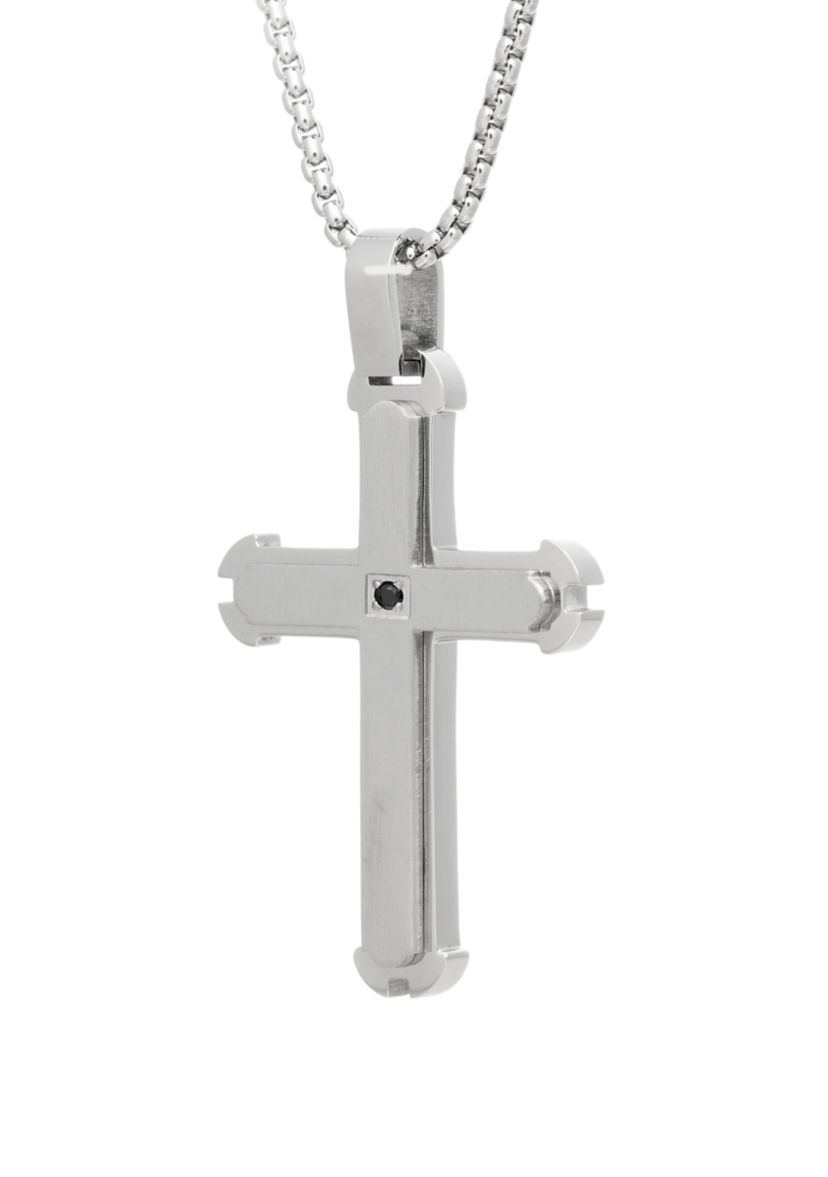 Stainless Steel Cross Pendant Necklace on 24 Inch Rhodium Box Chain