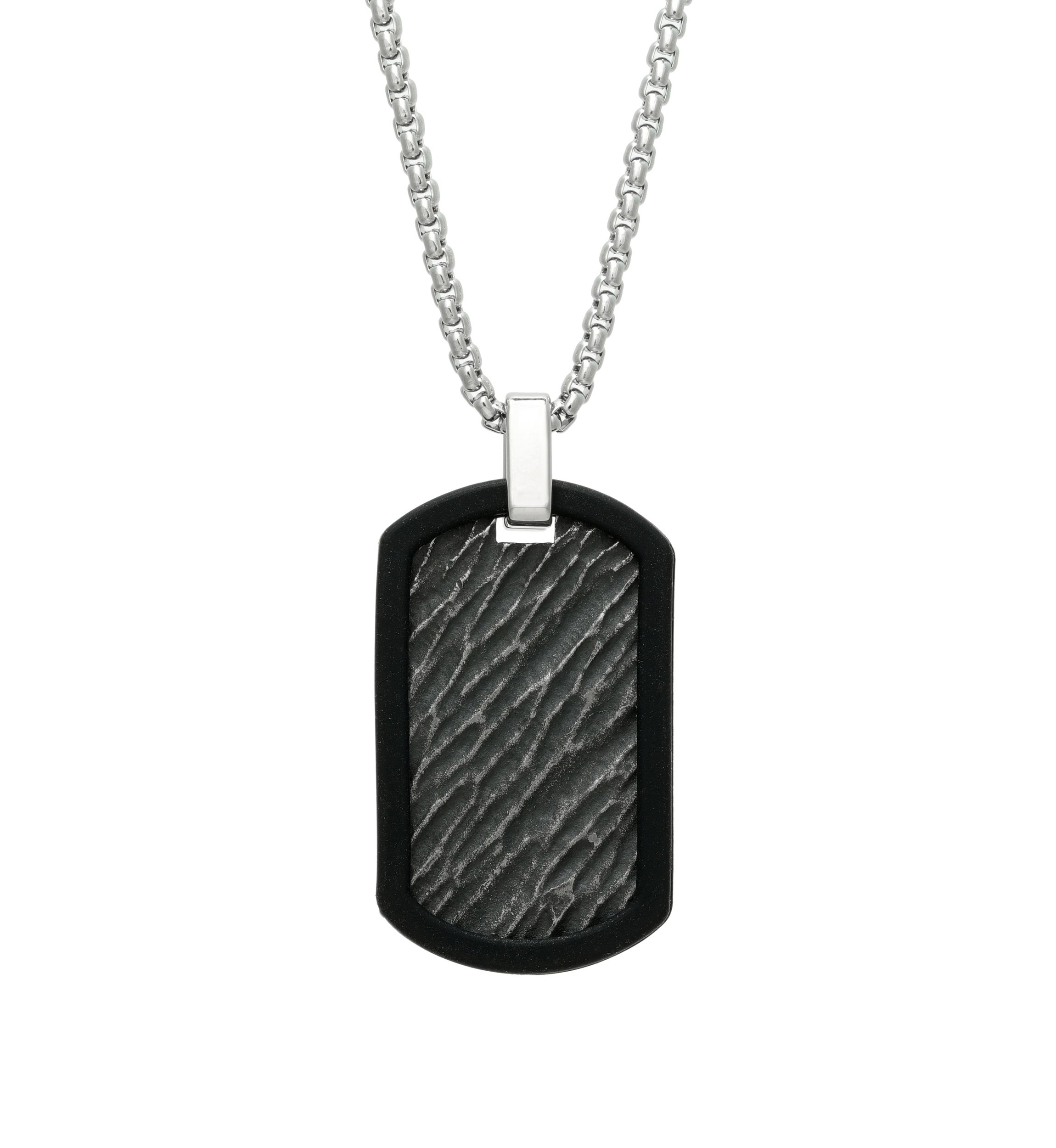 Stainless Steel and Rubber Textured Dog Tag Pendant with Black Ion Plating on 24 Inch Rhodium Chain