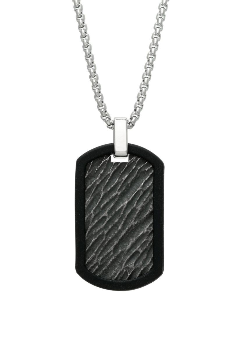 Stainless Steel and Rubber Textured Dog Tag Pendant with Black Ion Plating on 24 Inch Rhodium Chain