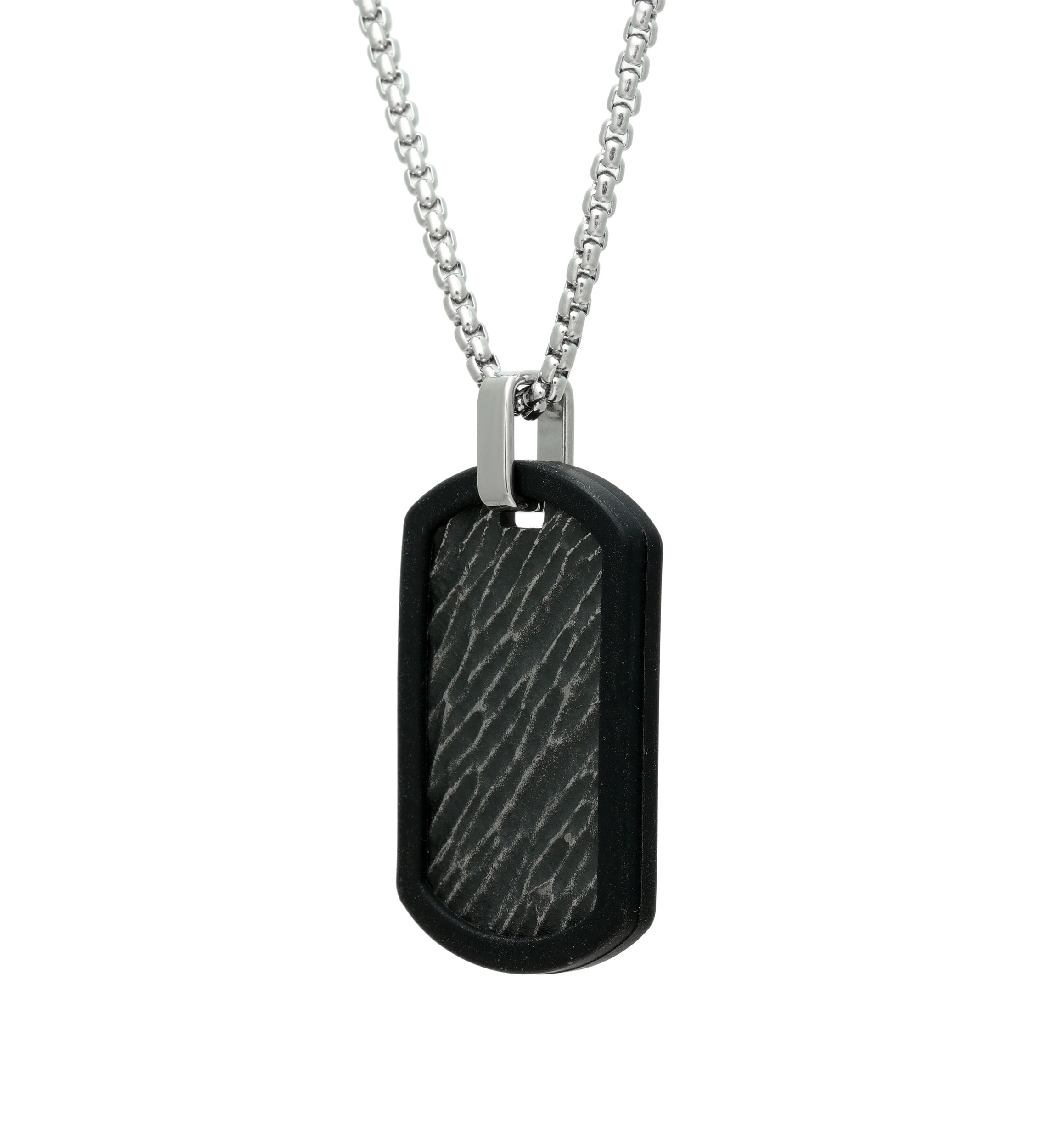 Stainless Steel and Rubber Textured Dog Tag Pendant with Black Ion Plating on 24 Inch Rhodium Chain