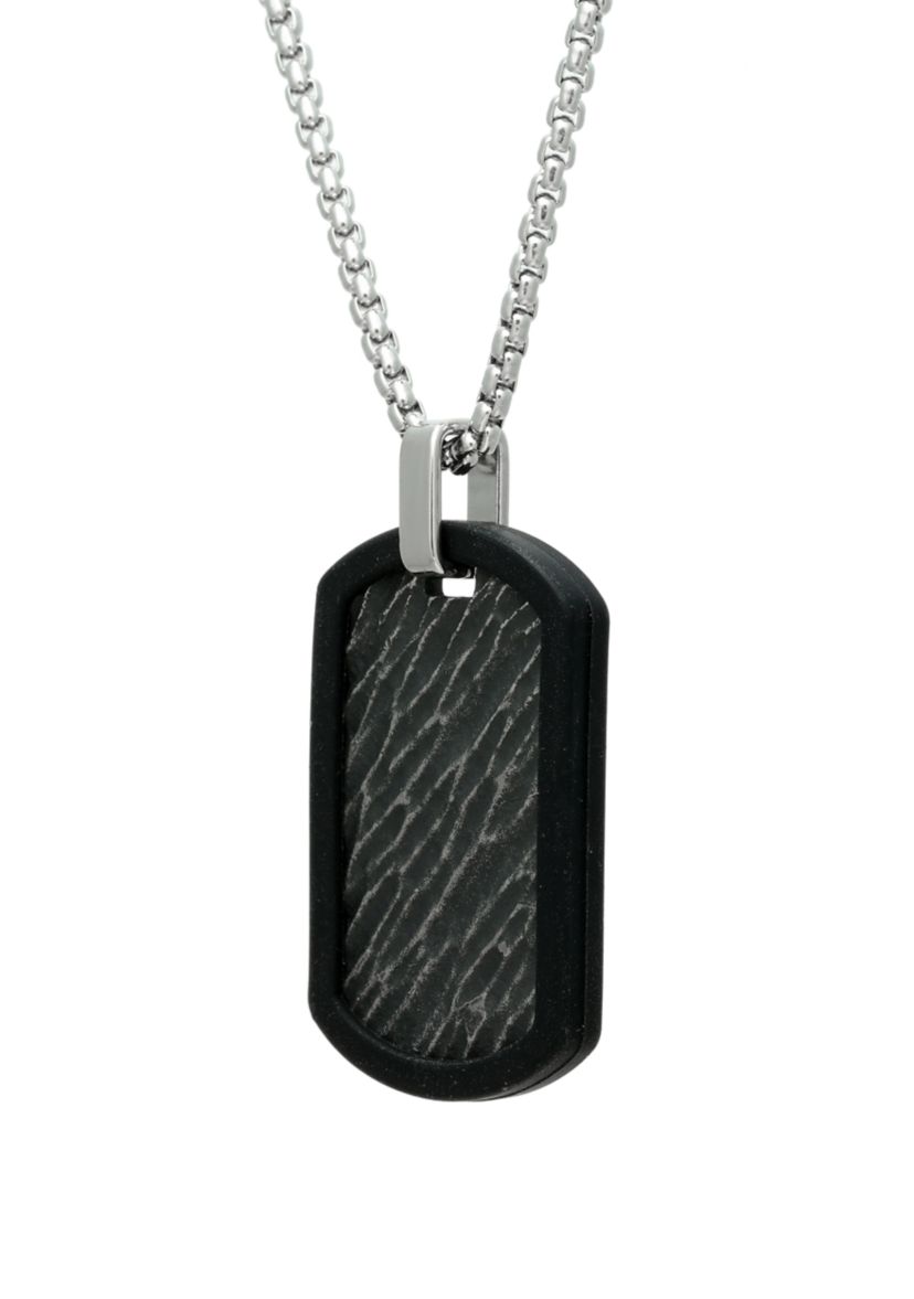 Stainless Steel and Rubber Textured Dog Tag Pendant with Black Ion Plating on 24 Inch Rhodium Chain