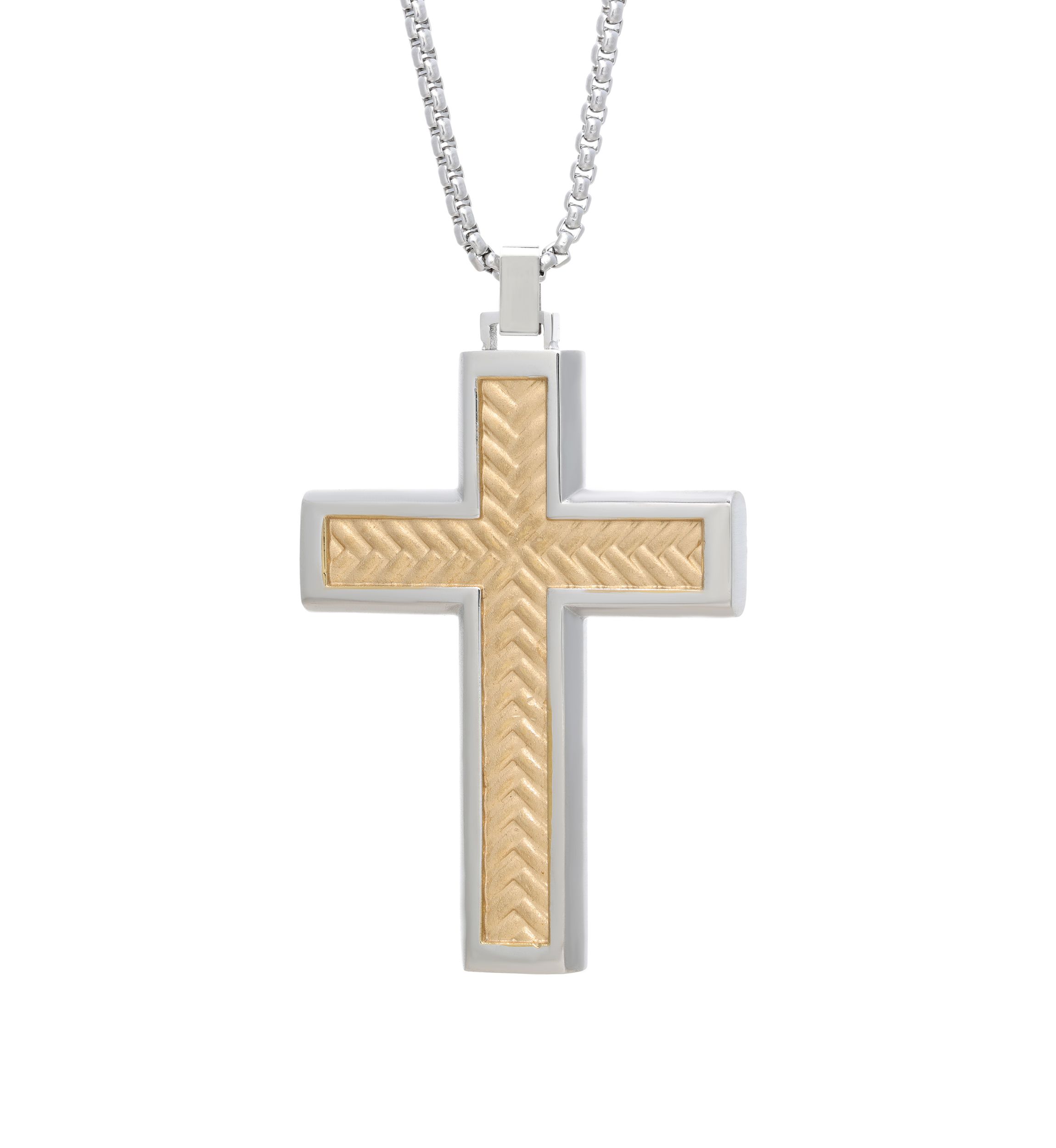 Stainless Cross Pendant Necklace on 24 Inch Rhodium Box Chain