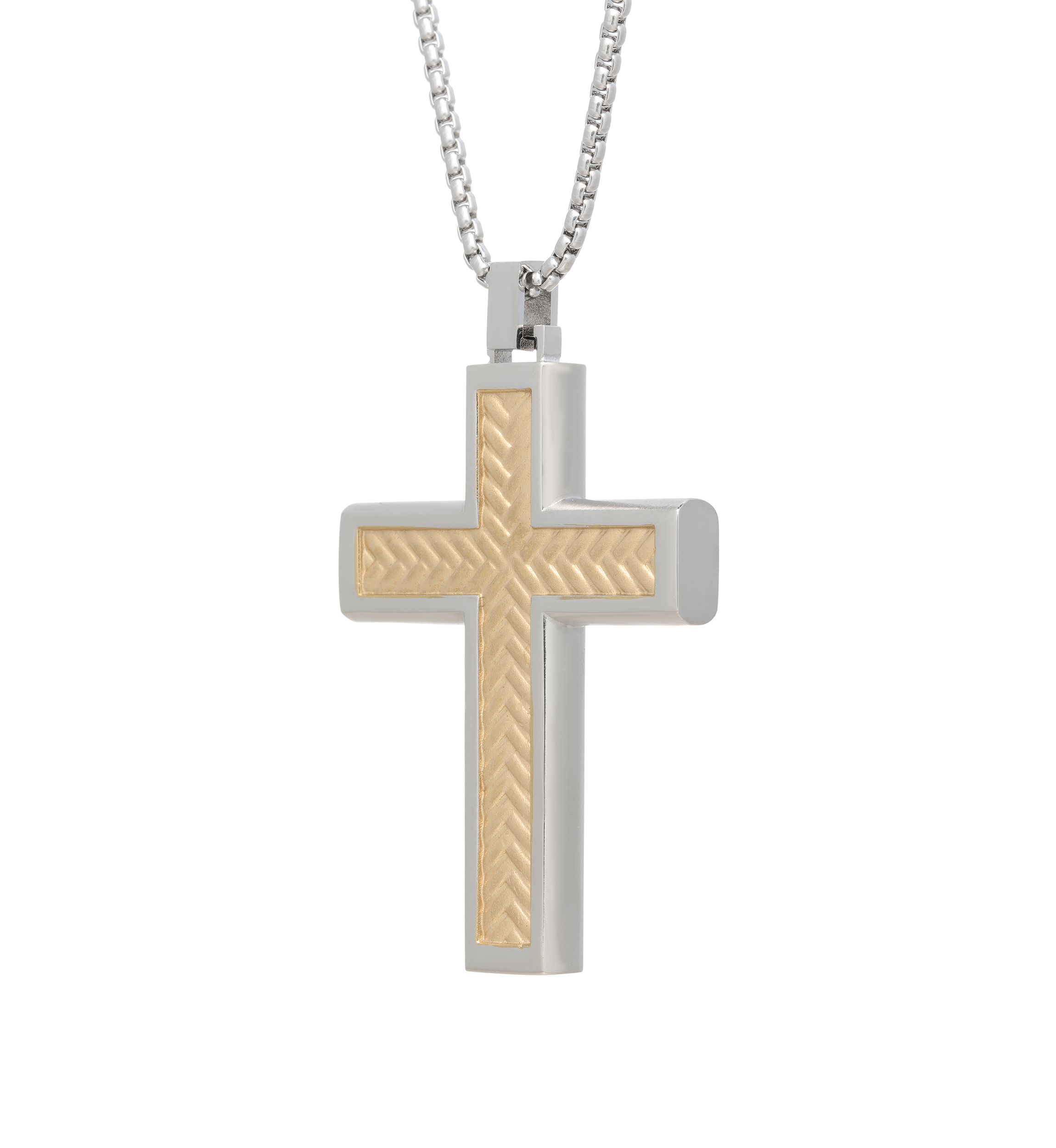 Stainless Cross Pendant Necklace on 24 Inch Rhodium Box Chain