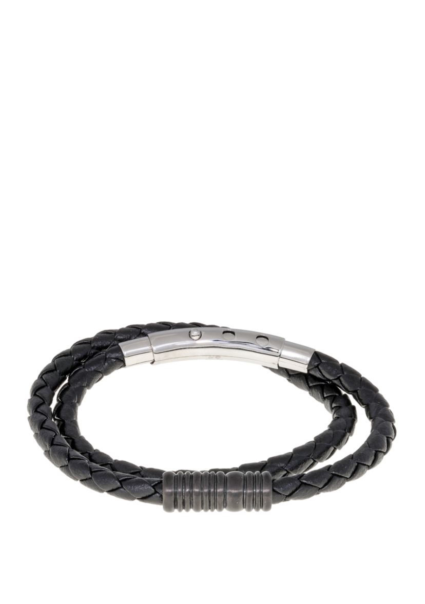 Stainless Steel Black Braided Leather Leather Bracelet with Adjustable Clasp and Black Ion Plating