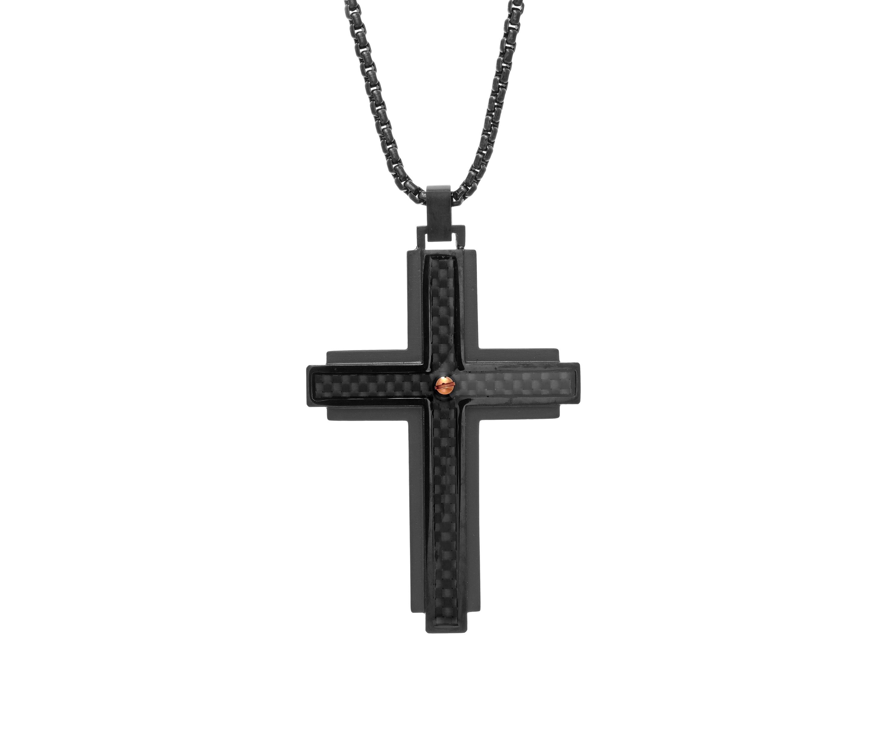 Stainless Cross Pendant Necklace on 24 Inch Rhodium Box Chain 